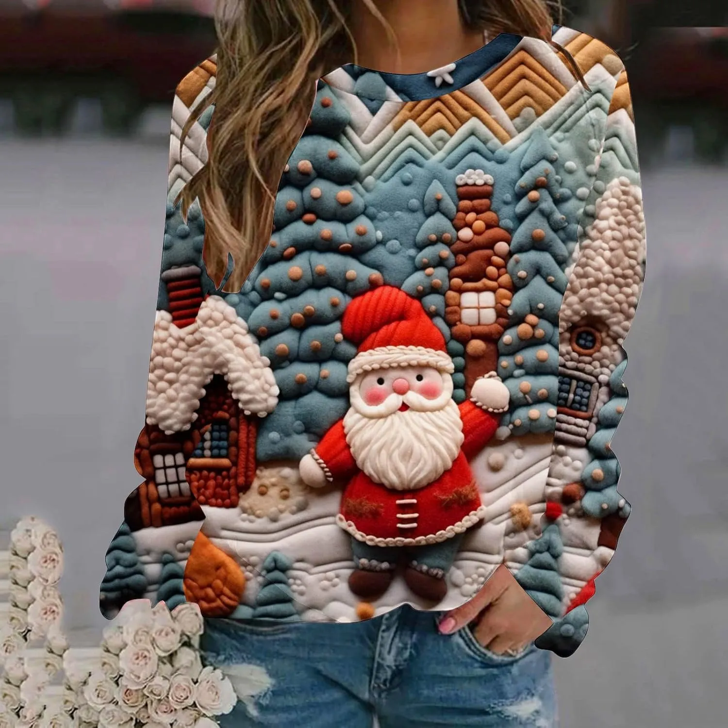 SMIDOW Women Ugly Christmas Sweatshirts 3D Digital Print Novelty Pullover Tops Funny Santa Xmas Tree Graphic Holiday Outfits