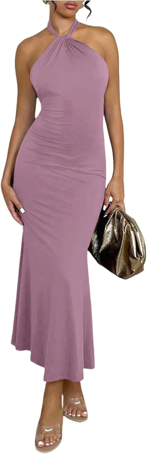 SOLY HUX Women's Bodycon Maxi Dress Halter Neck Sleeveless Backless Twist Party Club Going Out Long Dresses