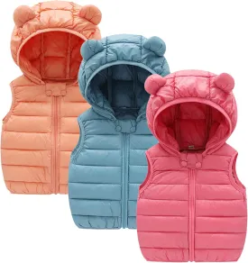 Toddler Baby Boys Girls Hooded Puffer Vest Solid Winter Coat Lightweight Sleeveless Bear Ears Zip up Down Jacket