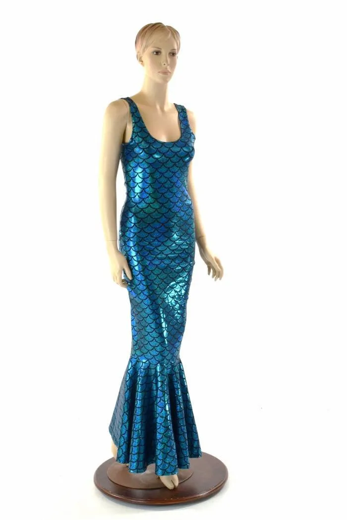 Turquoise Dragon Scale Gown with Fishtail Hemline