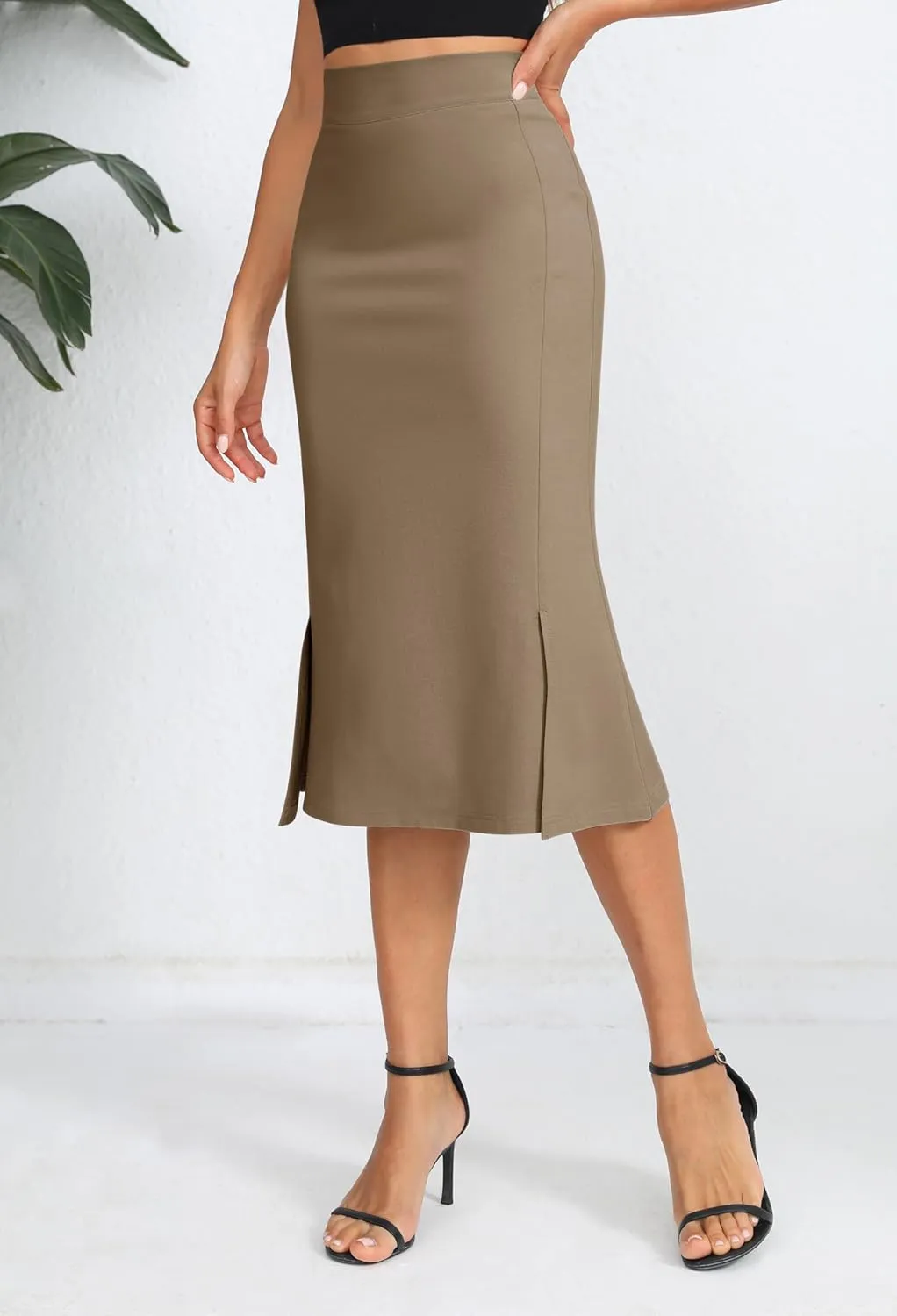 Urban CoCo Women's Stretch Office Fishtail Pencil Skirt High Waist Bodycon Midi Skirt with Slit