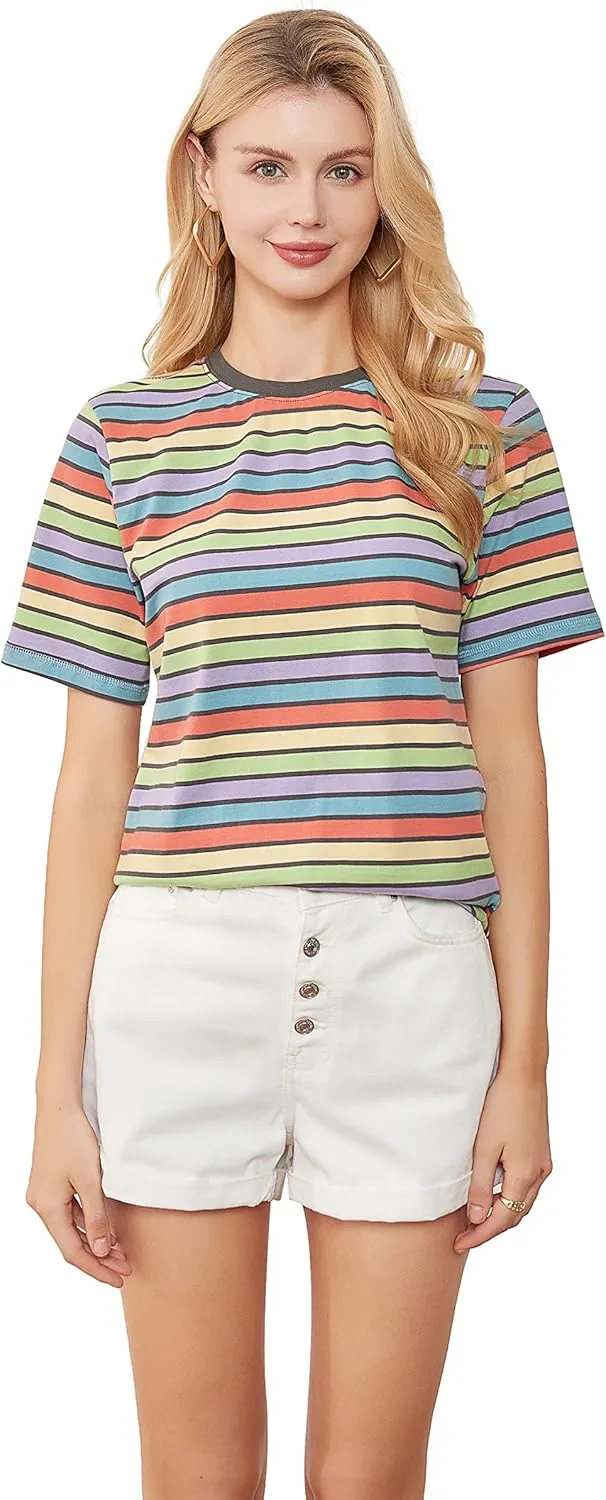 VEIISAR Womens Crew Neck T Shirt Colorful Stripes Tee Tops