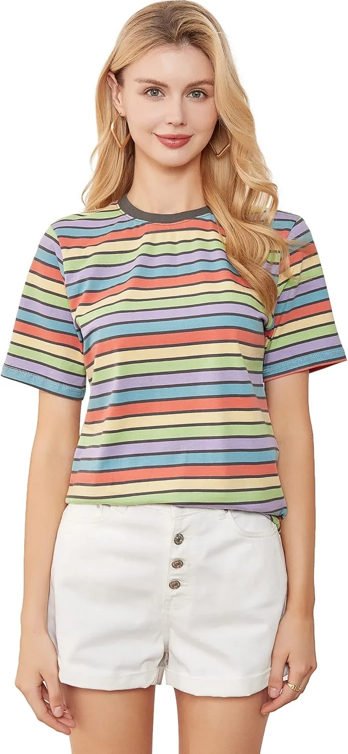 VEIISAR Womens Crew Neck T Shirt Colorful Stripes Tee Tops
