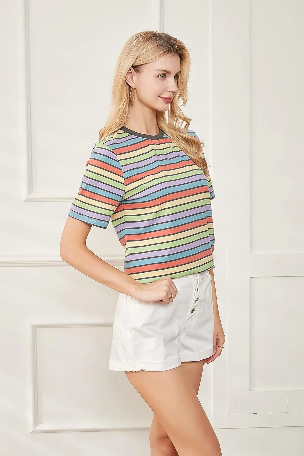 VEIISAR Womens Crew Neck T Shirt Colorful Stripes Tee Tops
