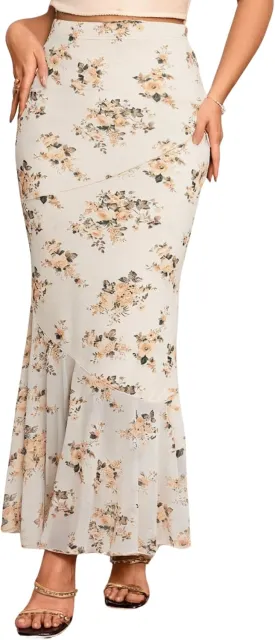 Verdusa Women's Floral Print High Waist Bodycon Ruffle Hem Fishtail Long Skirt
