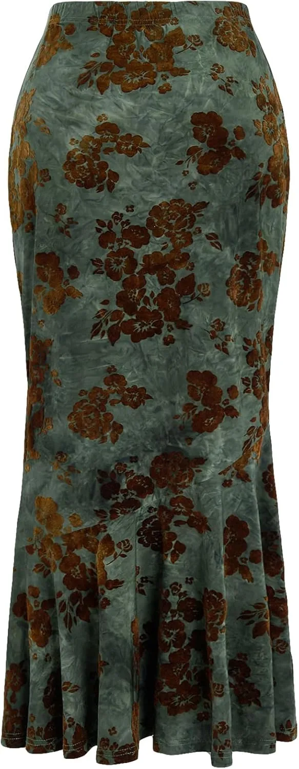 Verdusa Women's Floral Print High Waist Bodycon Ruffle Hem Fishtail Long Skirt