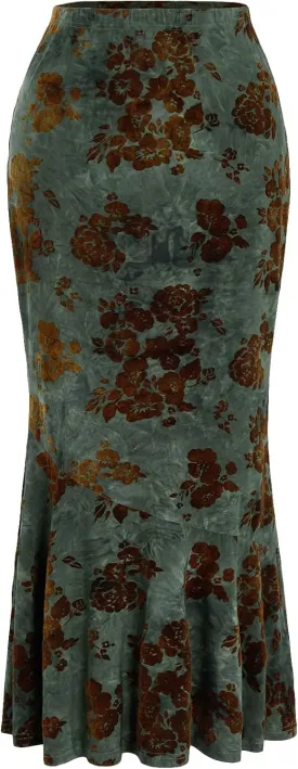 Verdusa Women's Floral Print High Waist Bodycon Ruffle Hem Fishtail Long Skirt
