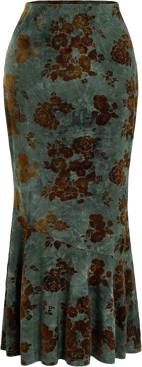 Verdusa Women's Floral Print High Waist Bodycon Ruffle Hem Fishtail Long Skirt