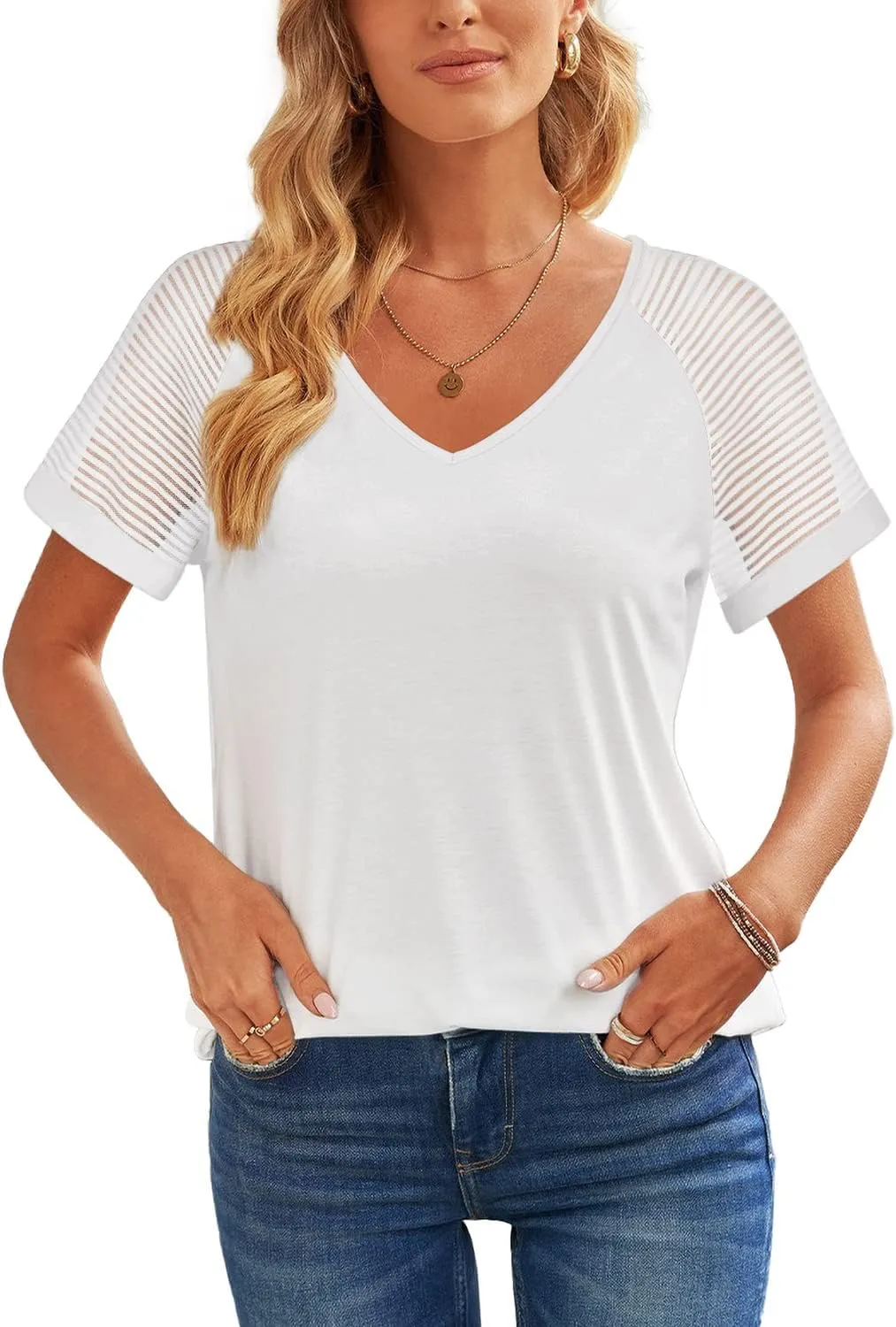 WEESO Casual T Shirts for Women V Neck Mesh Short Sleeve Summer Tops Loose Fit Dressy
