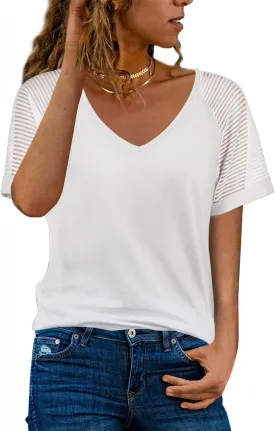 WEESO Casual T Shirts for Women V Neck Mesh Short Sleeve Summer Tops Loose Fit Dressy