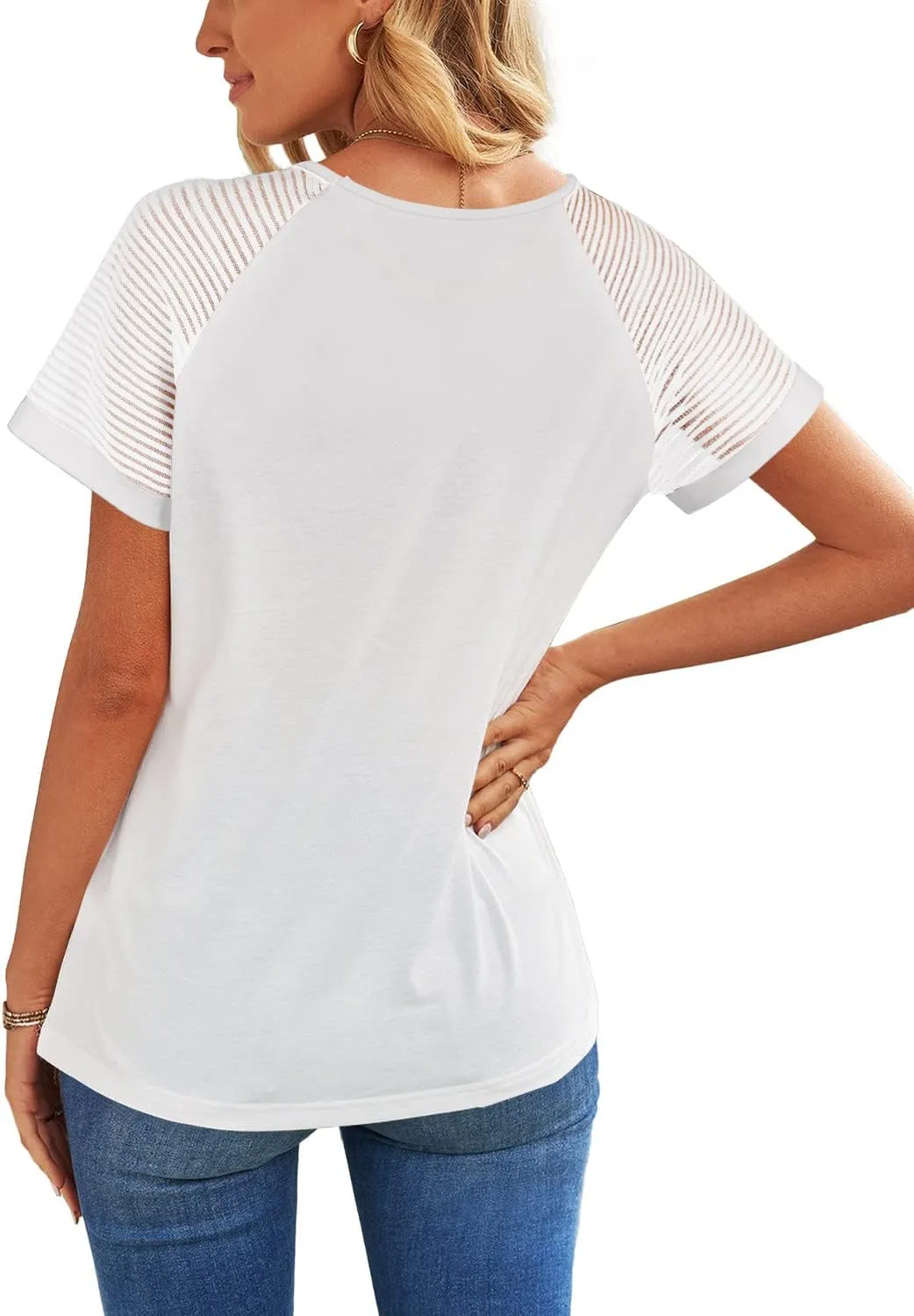 WEESO Casual T Shirts for Women V Neck Mesh Short Sleeve Summer Tops Loose Fit Dressy