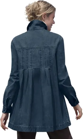 Woman Within Plus Size Pleat-Back Denim Jacket Long Oversized Jean Coat