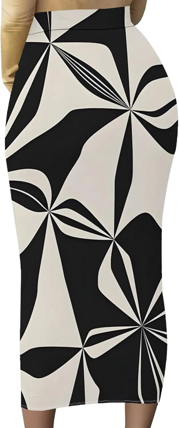 Women Bodycon Vintage Print Midi Skirt High Waist Sexy Pencil Skirt