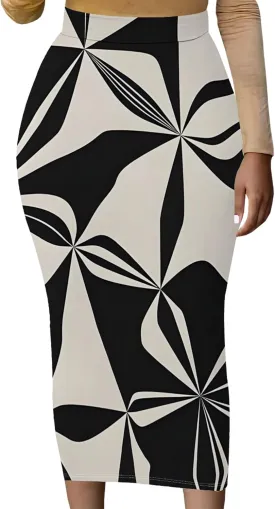 Women Bodycon Vintage Print Midi Skirt High Waist Sexy Pencil Skirt