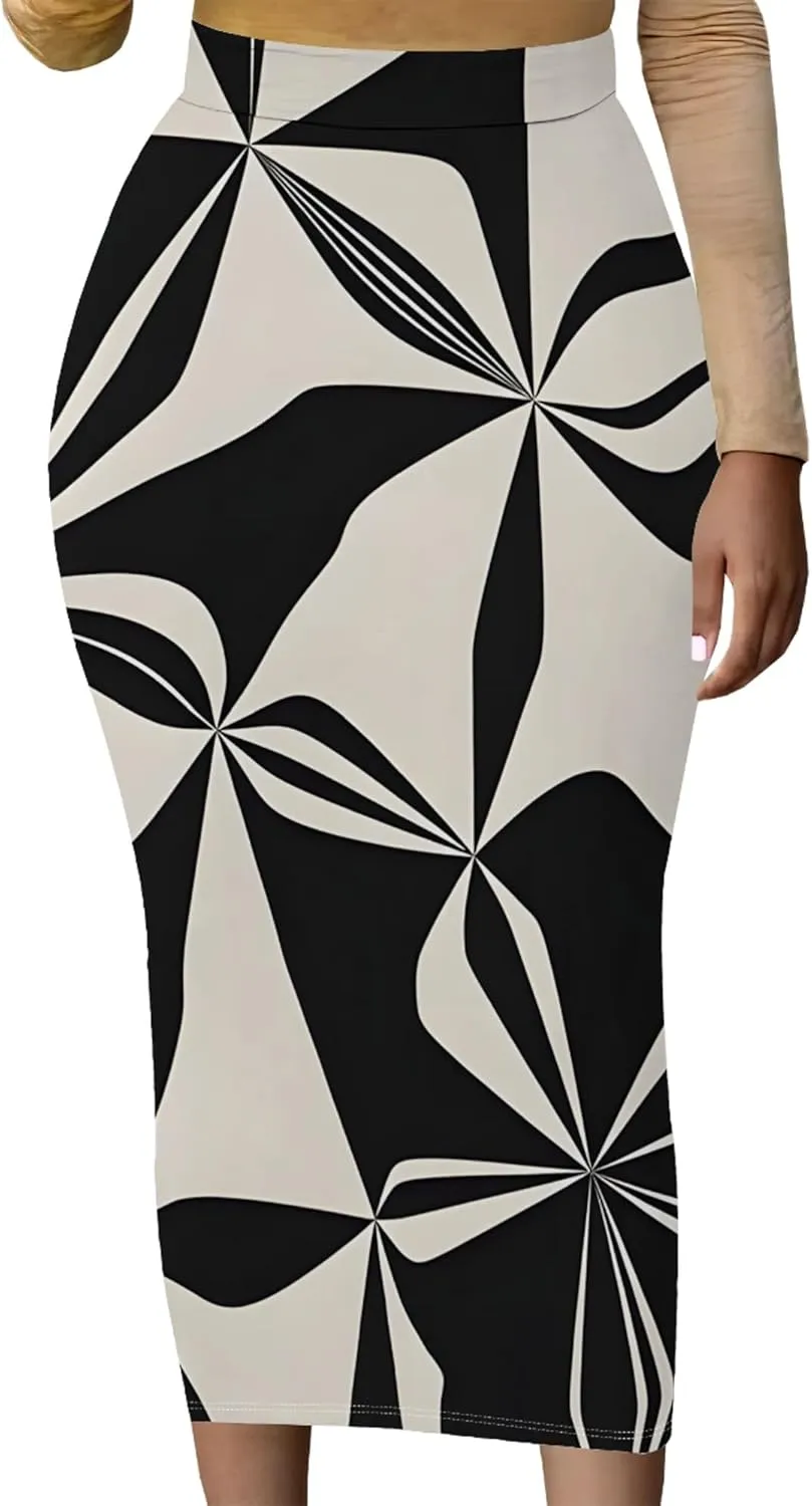 Women Bodycon Vintage Print Midi Skirt High Waist Sexy Pencil Skirt