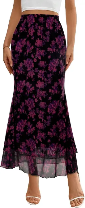 Women Maxi Skirt Ditsy Floral Mesh Skirt Summer Flowy Boho Elastic High Waisted Long Skirts Fashion Trendy