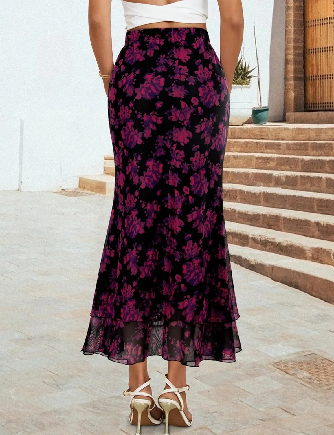 Women Maxi Skirt Ditsy Floral Mesh Skirt Summer Flowy Boho Elastic High Waisted Long Skirts Fashion Trendy