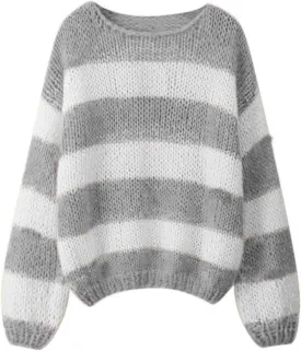 Women Striped Knit Sweaters 2024 Oversized Fall Winter Drop Shoulder Color Block Long Sleeve Loose Fit Pullover Tops