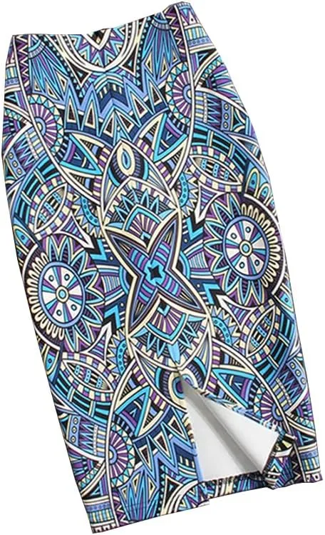Women's Elastic High Waist Knee Length Pencil Skirt Office Work Midi Bodycon Basic Floral Skirt with Back Slit