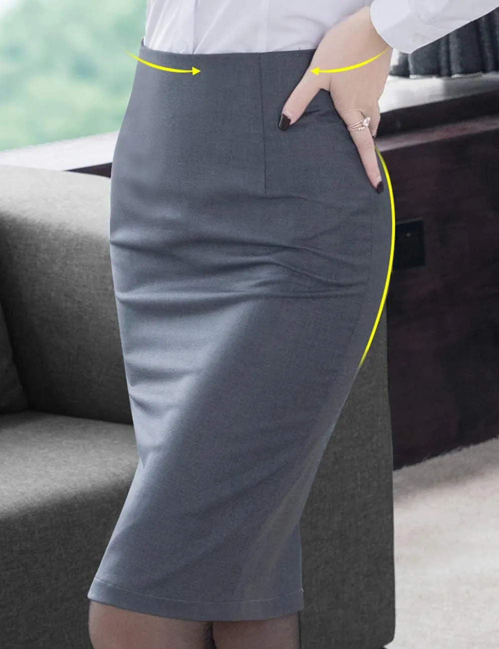 Women's Solid Knee Length Professional Pencil Office Skirt High Waisted Bodycon Cotton Linen Midi Work Dress