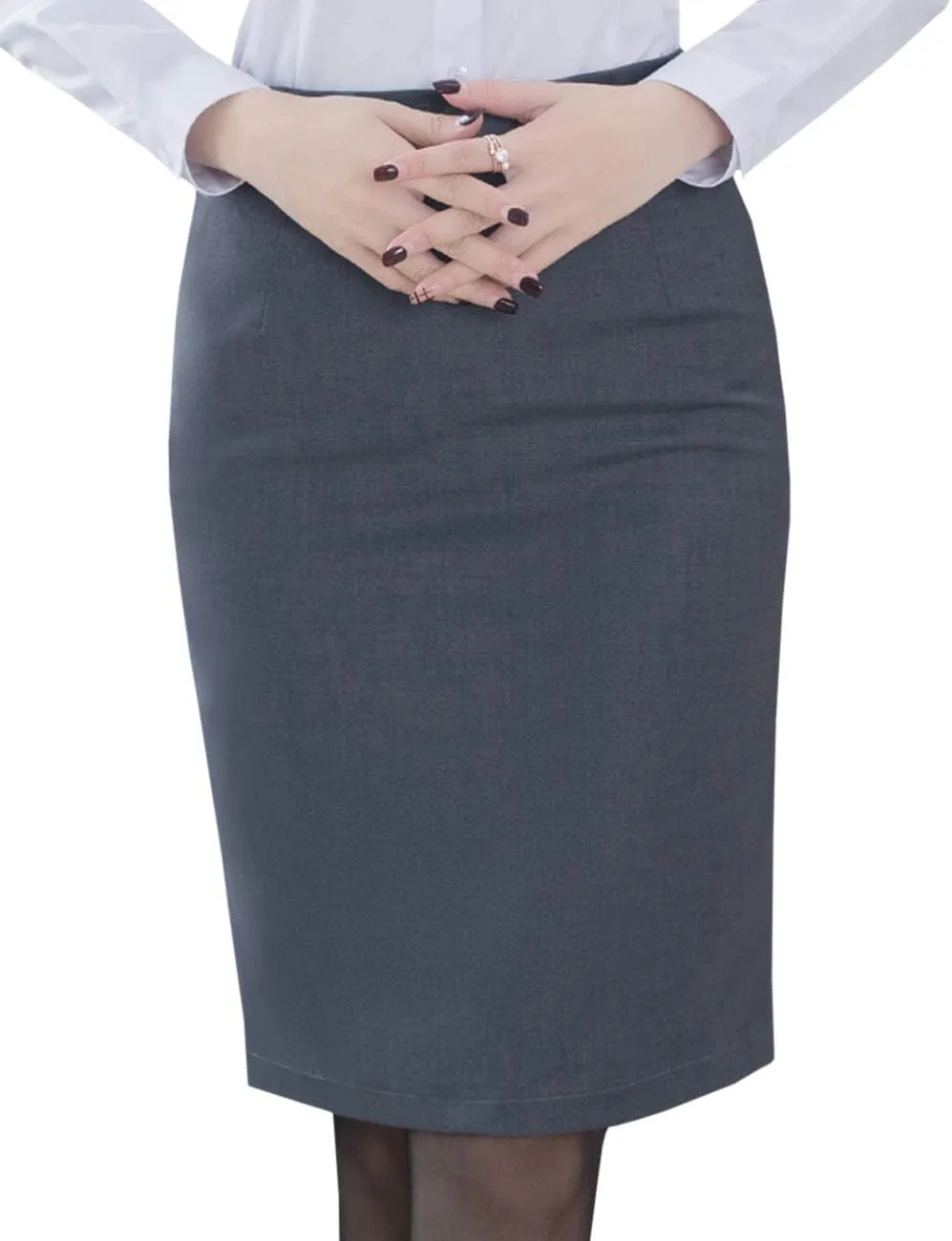 Women's Solid Knee Length Professional Pencil Office Skirt High Waisted Bodycon Cotton Linen Midi Work Dress