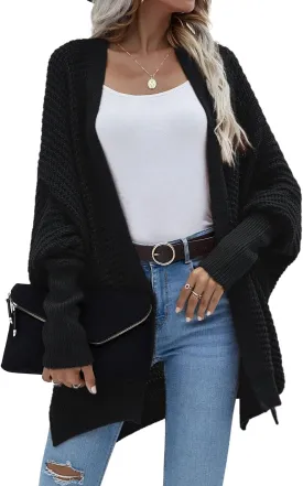 Women's Waffle Cardigan Ribbed Cuffs Open Front Knit Sweater Batwing Long Sleeve Casual Loose Chunky Coat Outwear