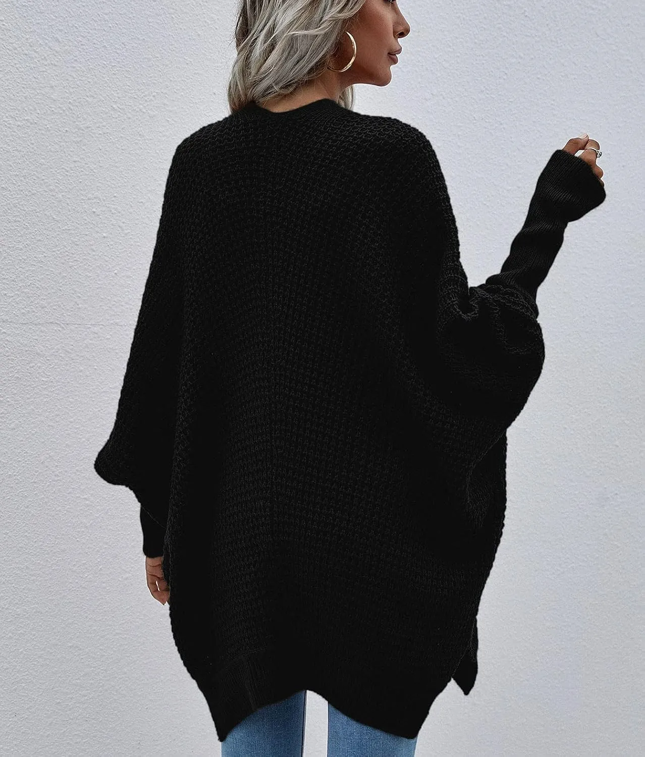 Women's Waffle Cardigan Ribbed Cuffs Open Front Knit Sweater Batwing Long Sleeve Casual Loose Chunky Coat Outwear