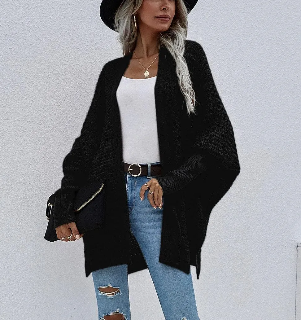 Women's Waffle Cardigan Ribbed Cuffs Open Front Knit Sweater Batwing Long Sleeve Casual Loose Chunky Coat Outwear
