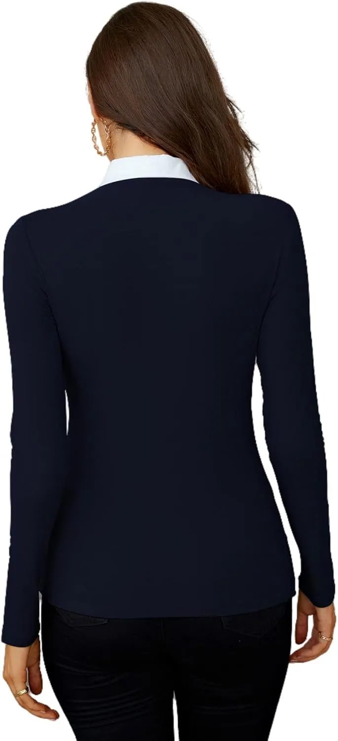 WOSALBA Womens Polo Shirts Fall Clothes for Women Lapel Collared V Neck Long Sleeve Tee Shirt