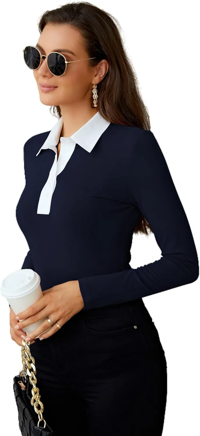 WOSALBA Womens Polo Shirts Fall Clothes for Women Lapel Collared V Neck Long Sleeve Tee Shirt