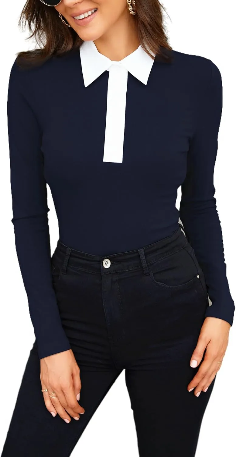 WOSALBA Womens Polo Shirts Fall Clothes for Women Lapel Collared V Neck Long Sleeve Tee Shirt