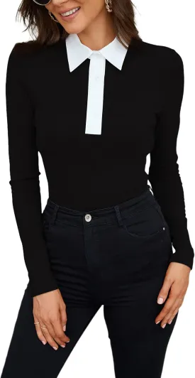 WOSALBA Womens Polo Shirts Fall Clothes for Women Lapel Collared V Neck Long Sleeve Tee Shirt