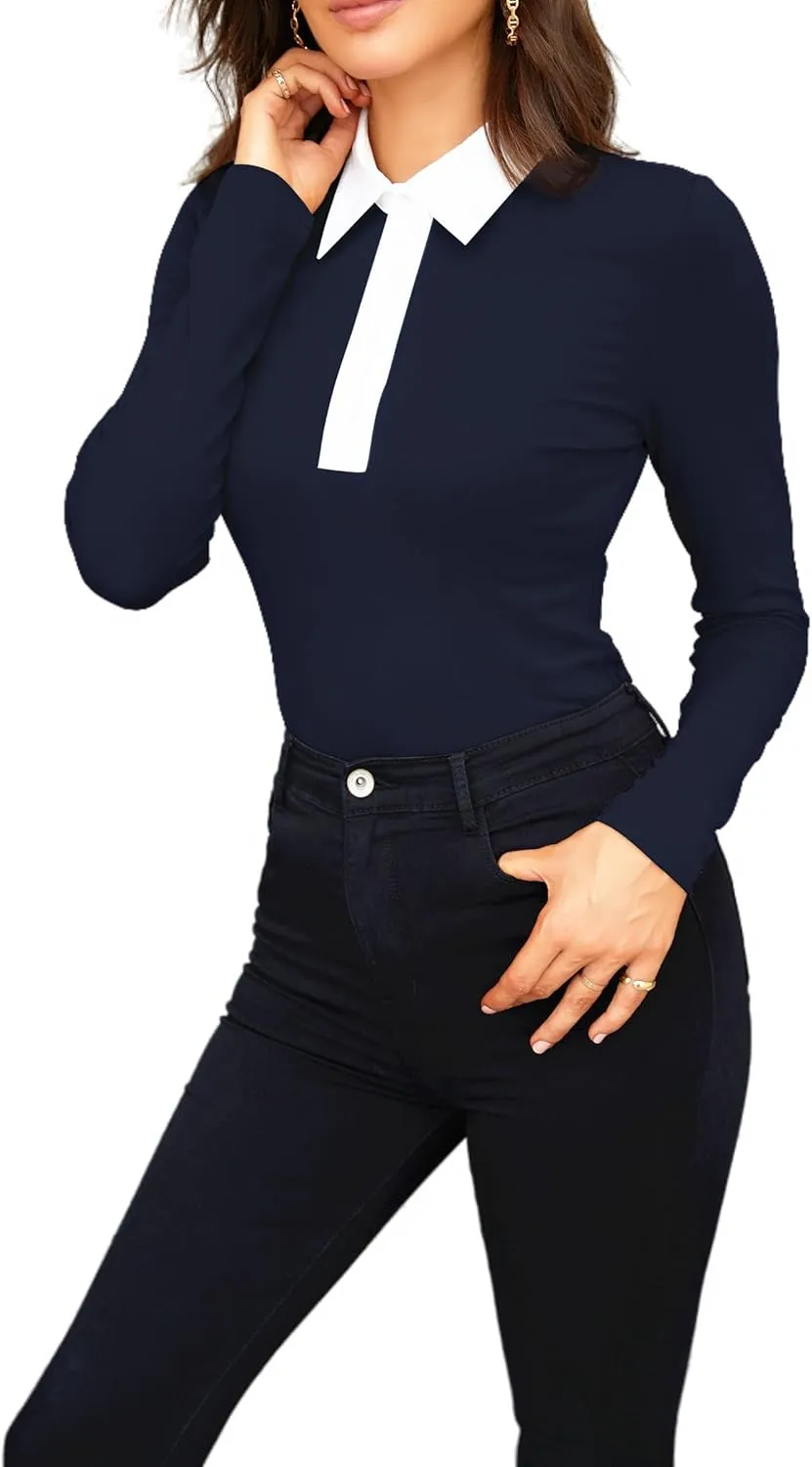 WOSALBA Womens Polo Shirts Fall Clothes for Women Lapel Collared V Neck Long Sleeve Tee Shirt